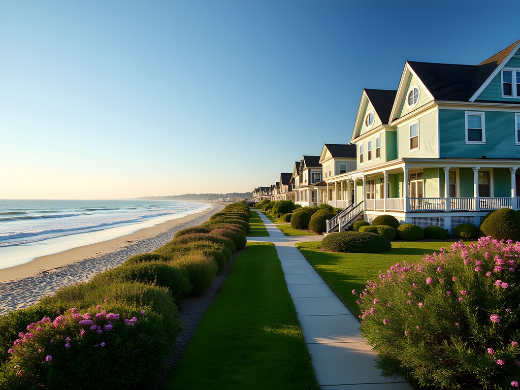 Victorian mansions along Cape May's beachfront with spring flowers and Atlantic Ocean view