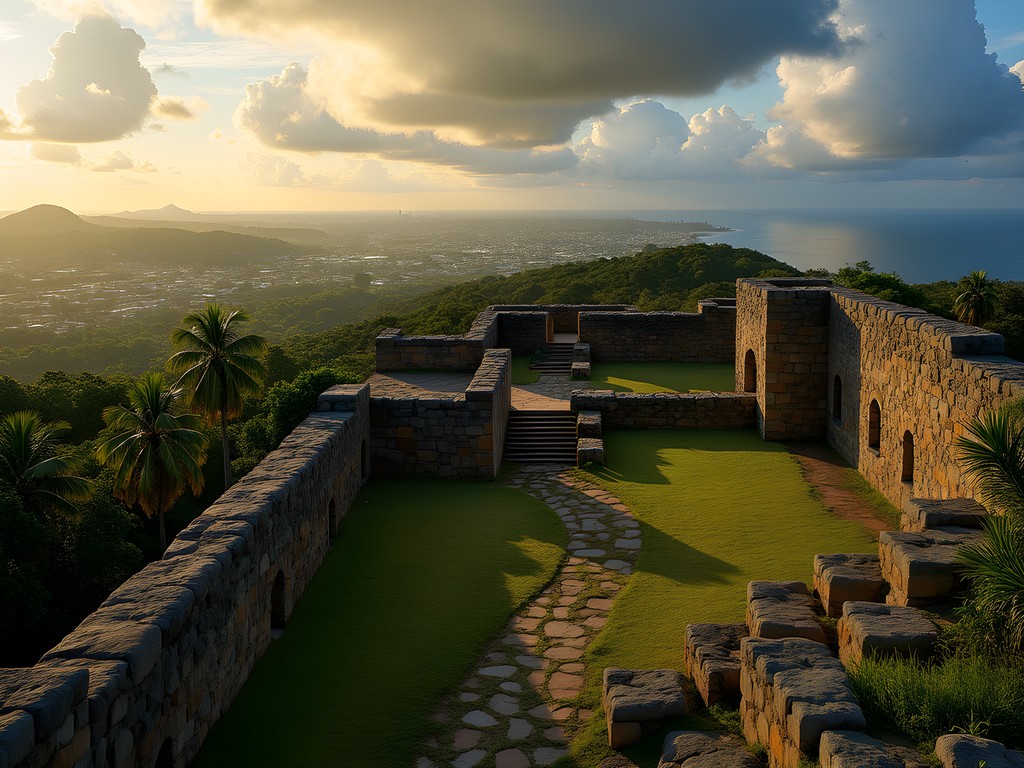 Stone ruins of Fort Cépérou overlooking Cayenne with Atlantic Ocean view