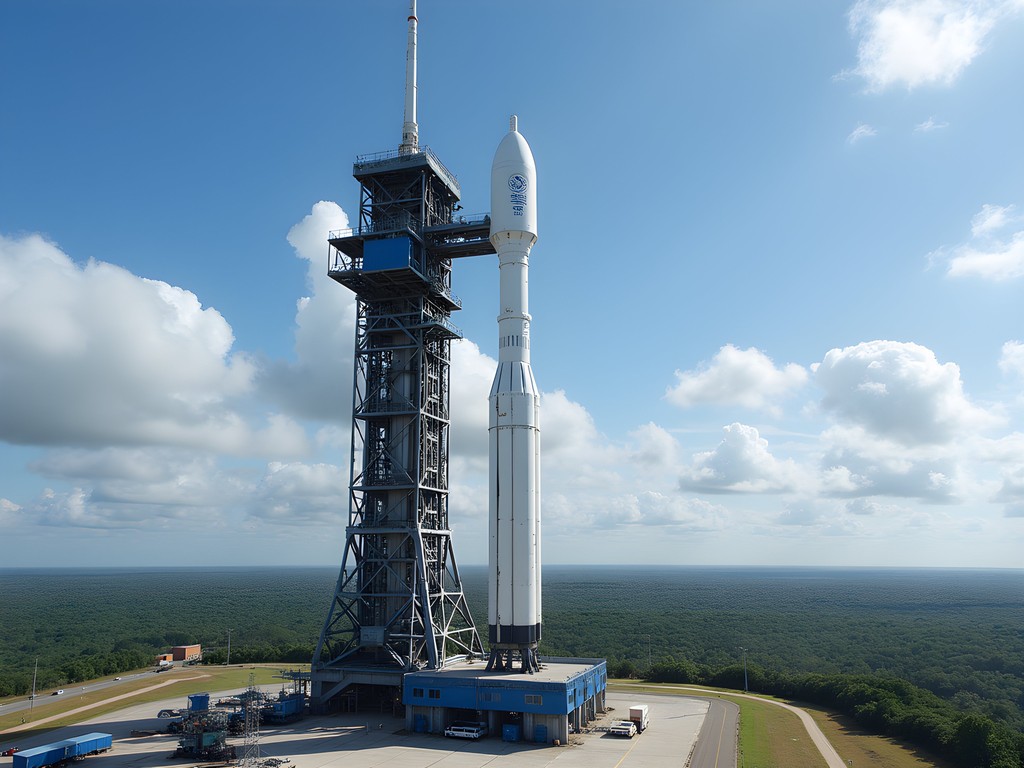 Ariane rocket on launch pad at the Guiana Space Centre with tropical landscape