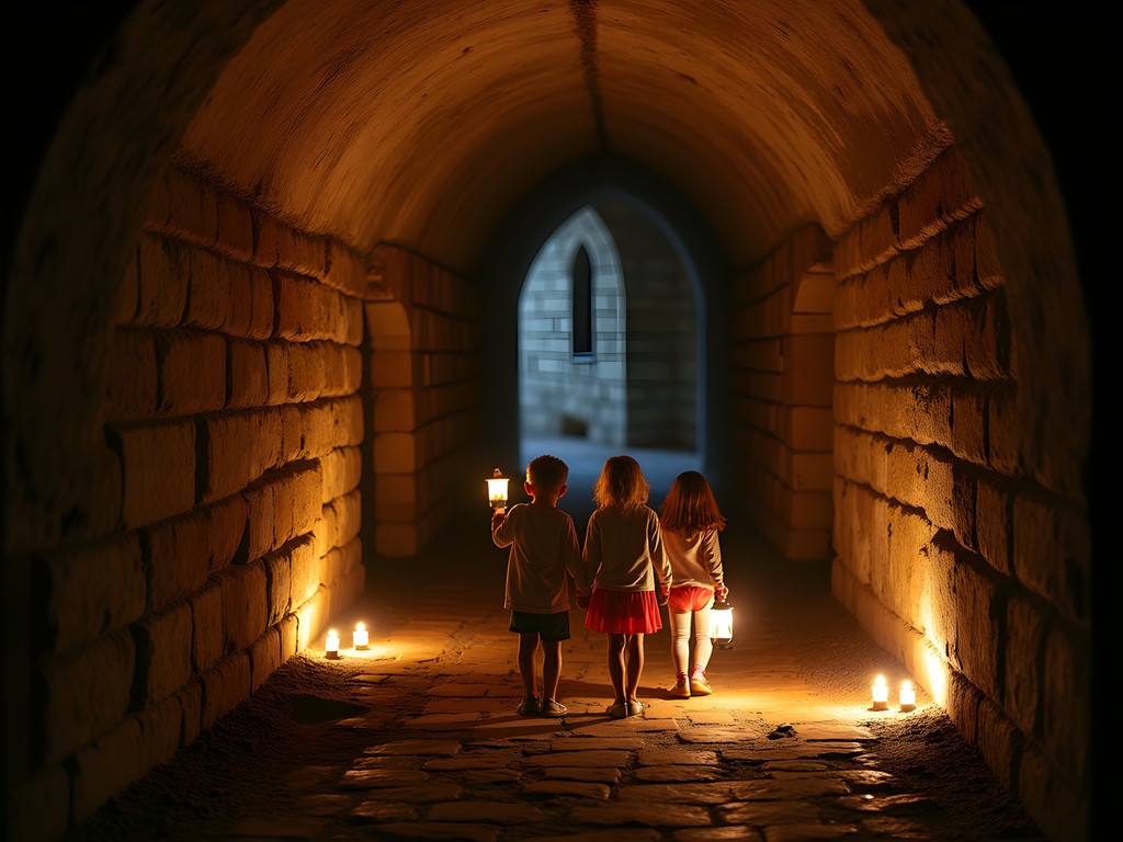 Family exploring Cesis Castle ruins by candlelight with medieval lanterns