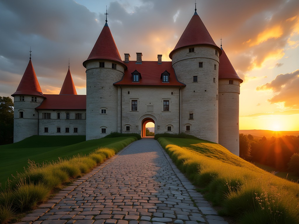 Medieval stone walls of Cesis Castle glowing in golden summer sunset light