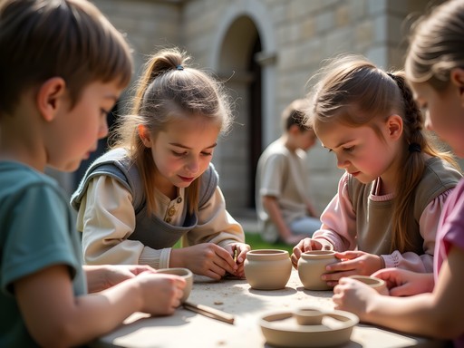 Children learning traditional medieval crafts during demonstration at Cesis Castle