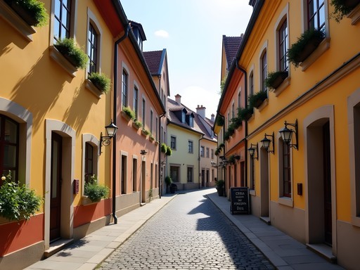 Charming cobblestone street in Cesis Old Town with colorful medieval buildings