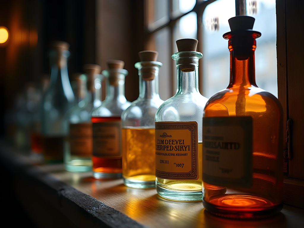 Collection of historic glass apothecary bottles and brewing vessels in Cesky Krumlov Apothecary Museum