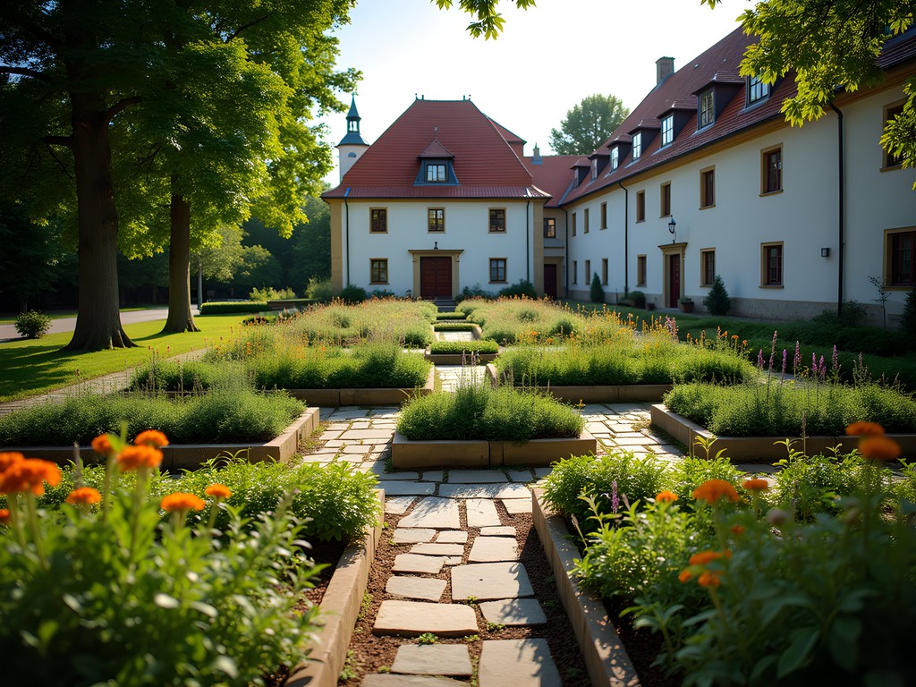 Medieval medicinal herb garden with geometric planting beds at Cesky Krumlov Monastery