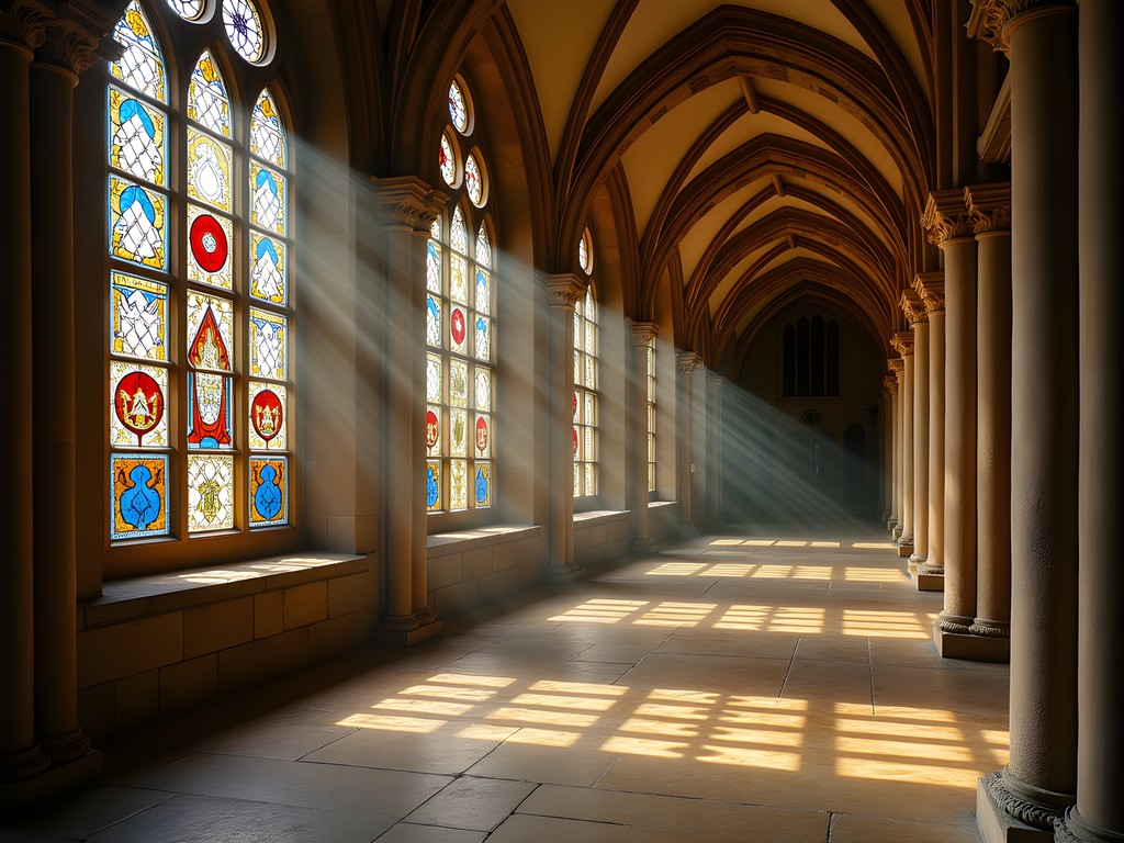 Medieval stained glass windows inside St. Vitus Church in Cesky Krumlov