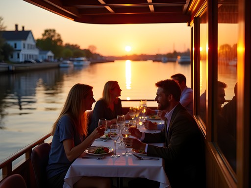 Sunset dinner cruise on historic waters of Chesapeake with colonial shoreline illuminated by golden light