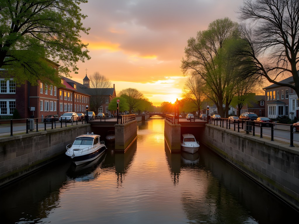 Great Bridge Lock in Chesapeake at sunset with boats passing through the historic waterway