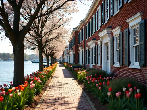 Historic waterfront district in Chesapeake with colonial architecture and spring flowers in bloom