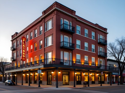 Historic Plains Hotel facade in downtown Cheyenne showing Western architectural elements