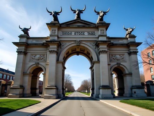 Historic limestone Union Stock Yard Gate in Chicago on a clear spring morning