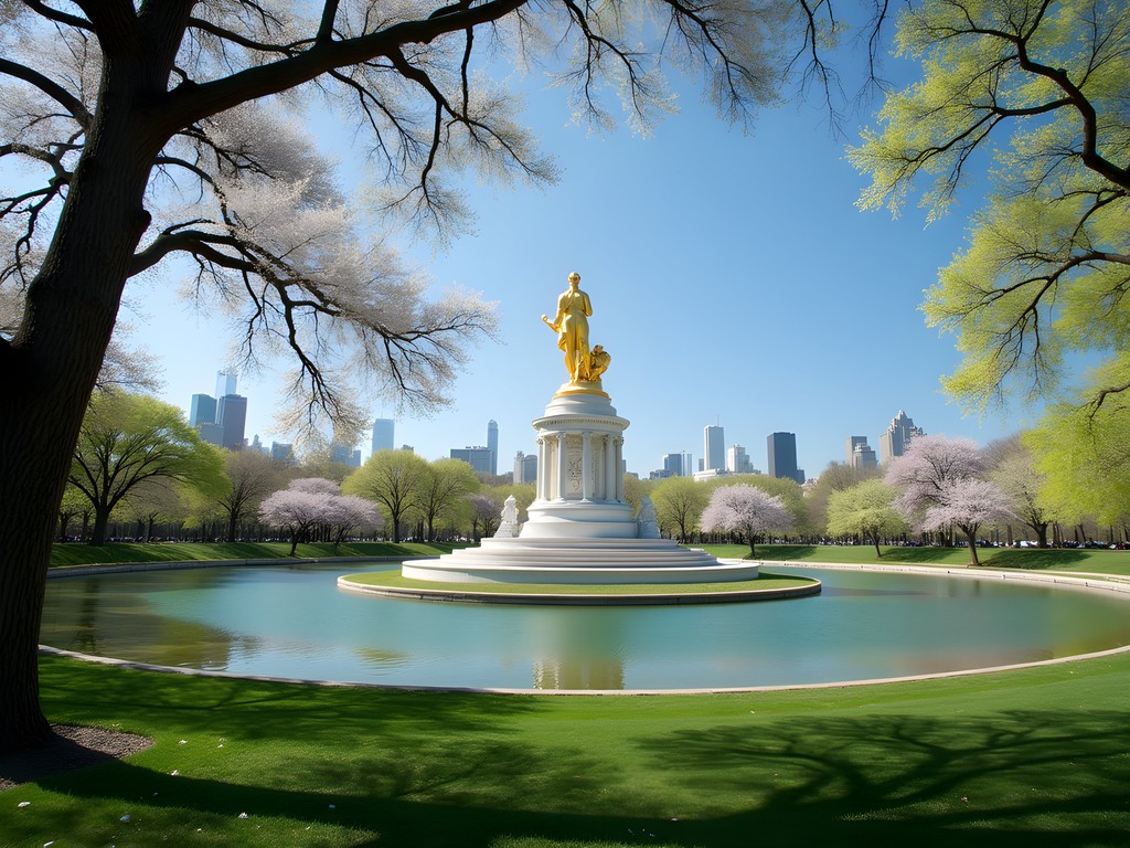 Spring view of Jackson Park showing remnants of the 1893 World's Columbian Exposition with the golden Republic statue