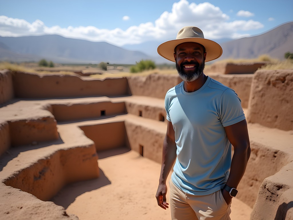 Pierre Kelly examining ancient Moche pyramids at Huaca Rajada archaeological site near Chiclayo