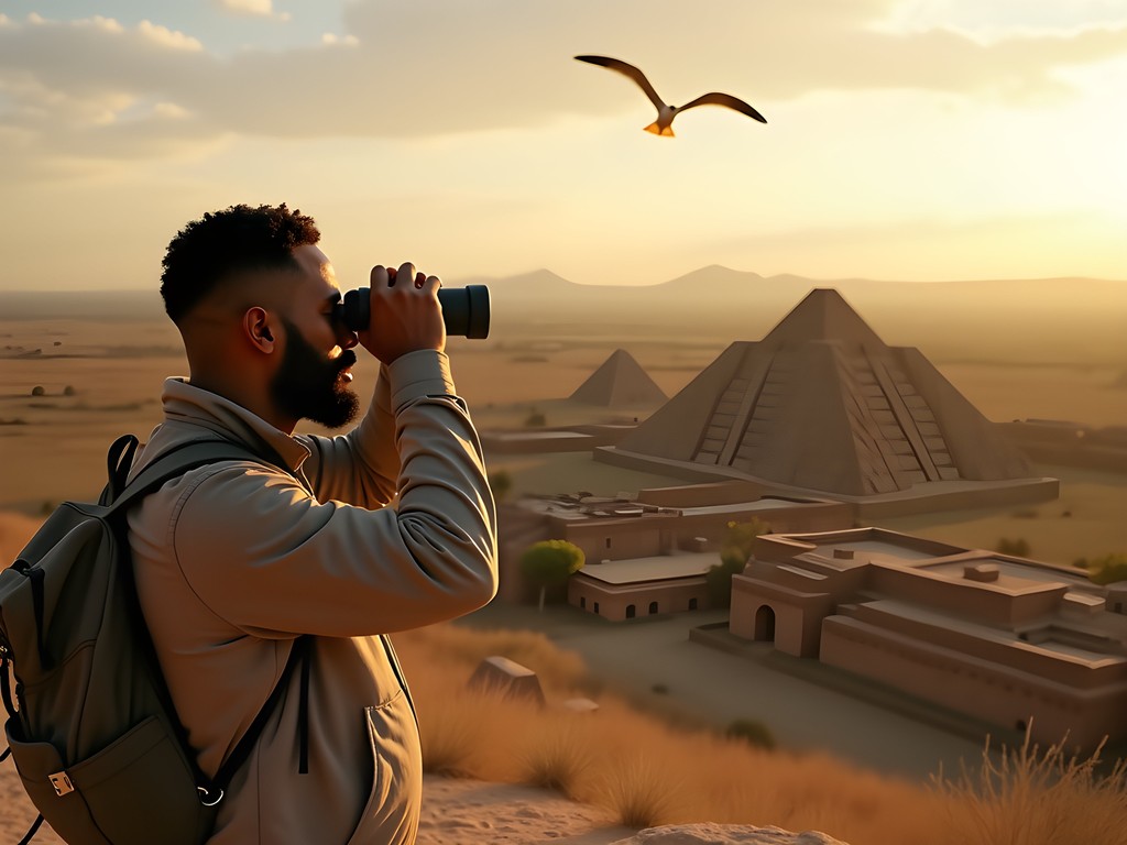 Pierre Kelly birdwatching at Túcume archaeological complex with ancient adobe pyramids