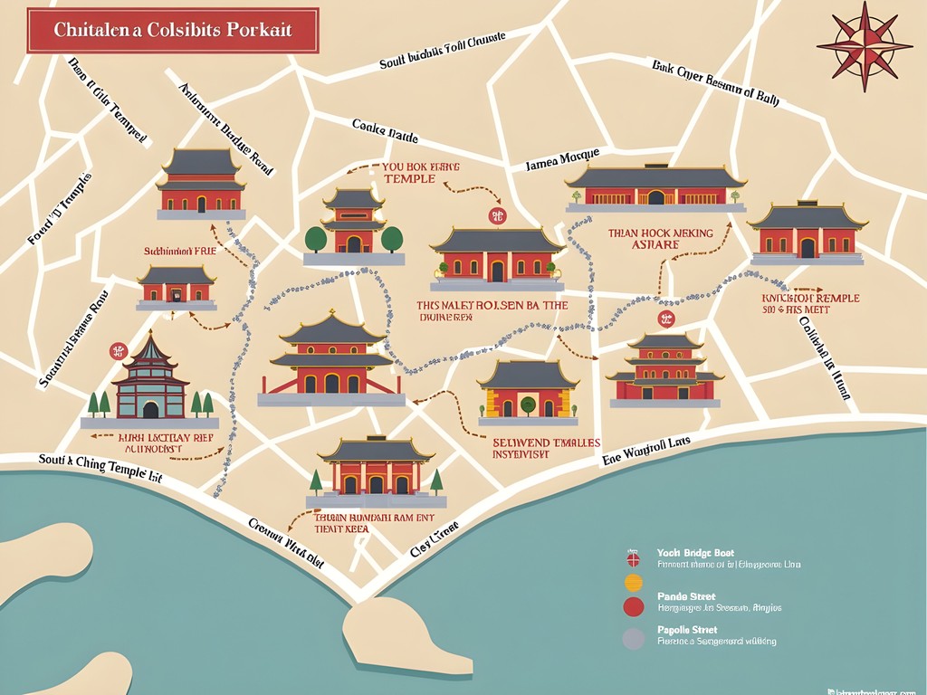 Illustrated map of Singapore's Chinatown showing temple walking route with major religious sites marked