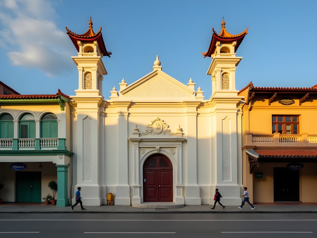 Jamae Mosque's distinctive South Indian-Islamic architecture contrasting with surrounding Chinese shophouses in Singapore's Chinatown