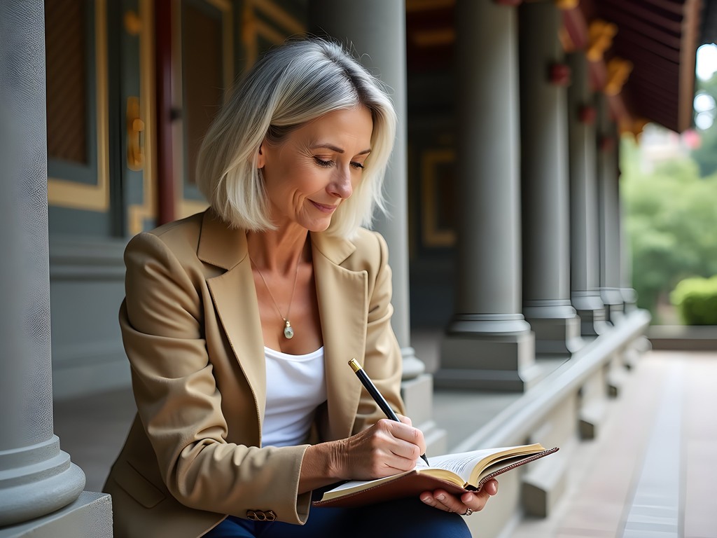 Travel writer taking notes at historical temple in Singapore's Chinatown