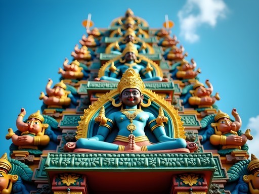 Colorful sculptural detail of Hindu deities on Sri Mariamman Temple's gopuram tower in Singapore's Chinatown