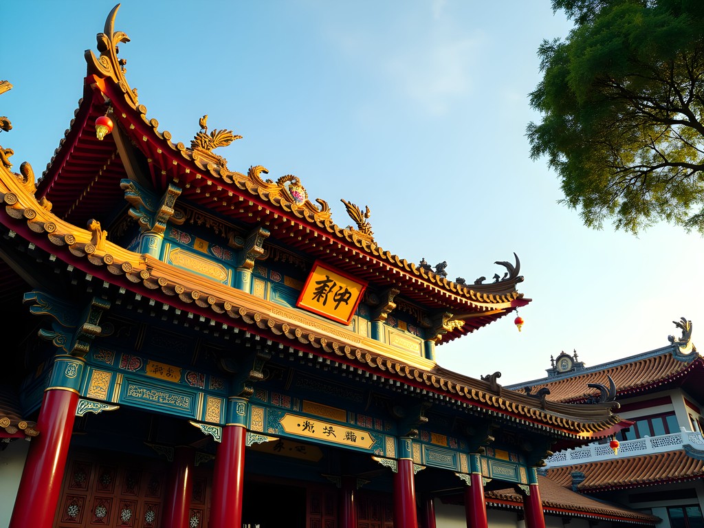 Morning sunlight illuminating the ornate roof ridges of Thian Hock Keng Temple in Singapore's Chinatown