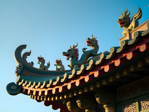 Intricately decorated roof ridge sculptures at Yueh Hai Ching Temple in Singapore's Chinatown