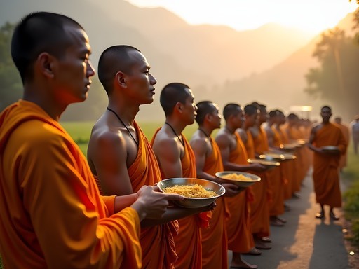 Monks receiving morning alms at dawn in Luang Prabang with misty mountains in background