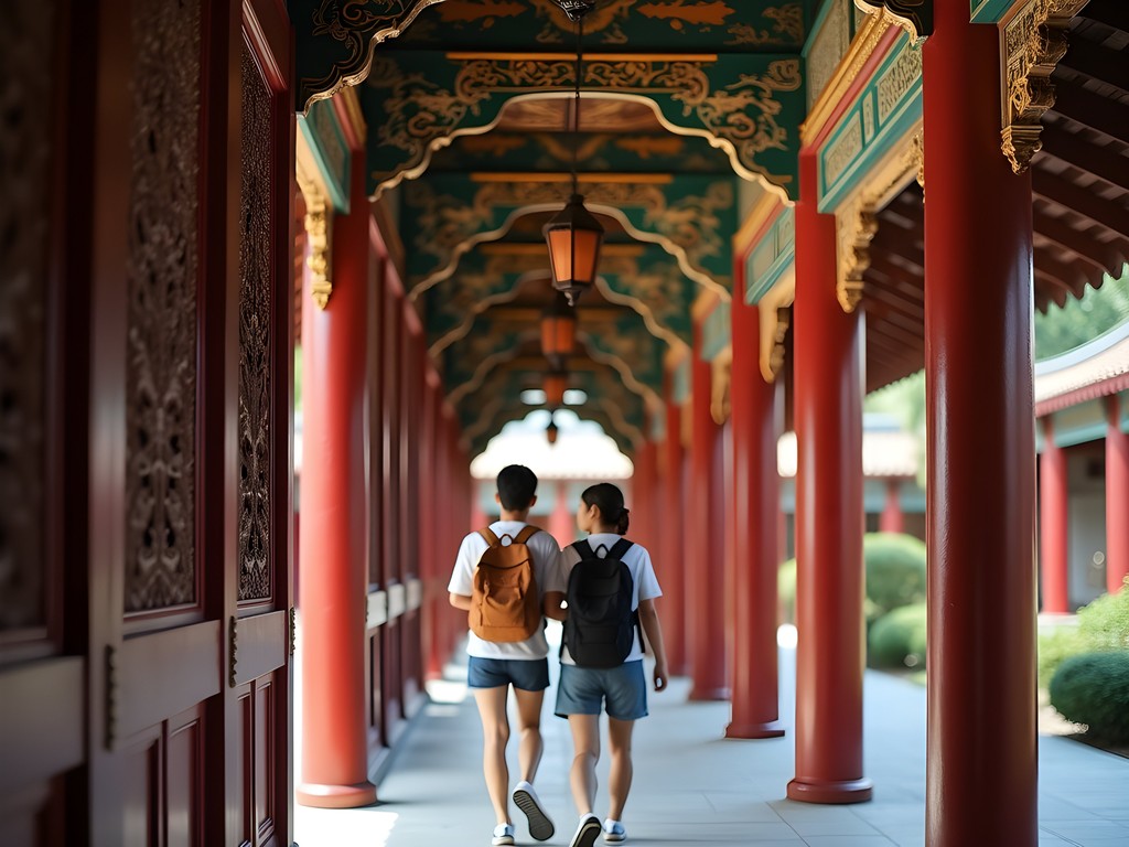 Couple exploring ornate carvings at Khoo Kongsi clan temple in George Town, Penang
