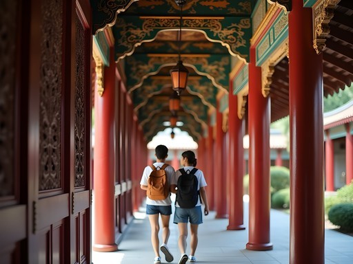 Couple exploring ornate carvings at Khoo Kongsi clan temple in George Town, Penang