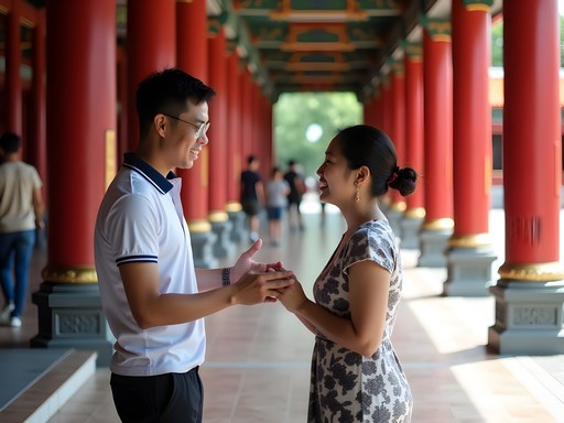 Author demonstrating proper temple etiquette at Thian Hock Keng Temple in Singapore