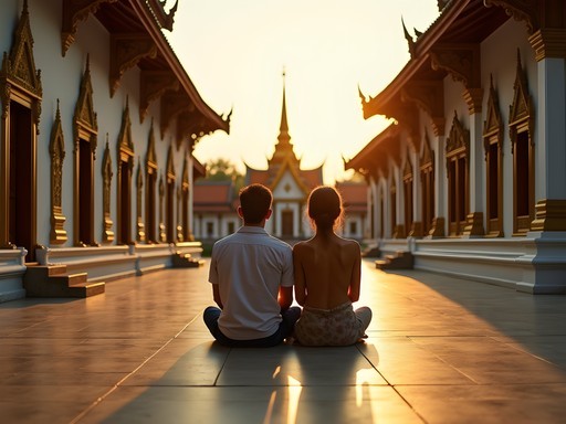 Couple in quiet contemplation at Wat Xieng Thong temple in Luang Prabang