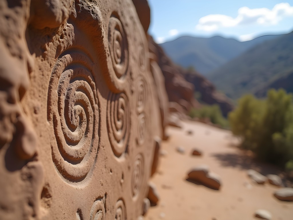 Ancient spiral petroglyphs carved into boulder with Andean landscape background