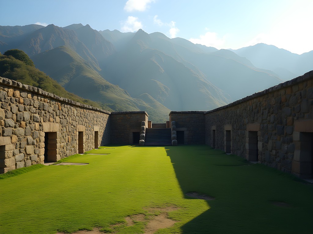 Massive stone walls of Incallajta's Kallanka great hall with Andean mountains in background