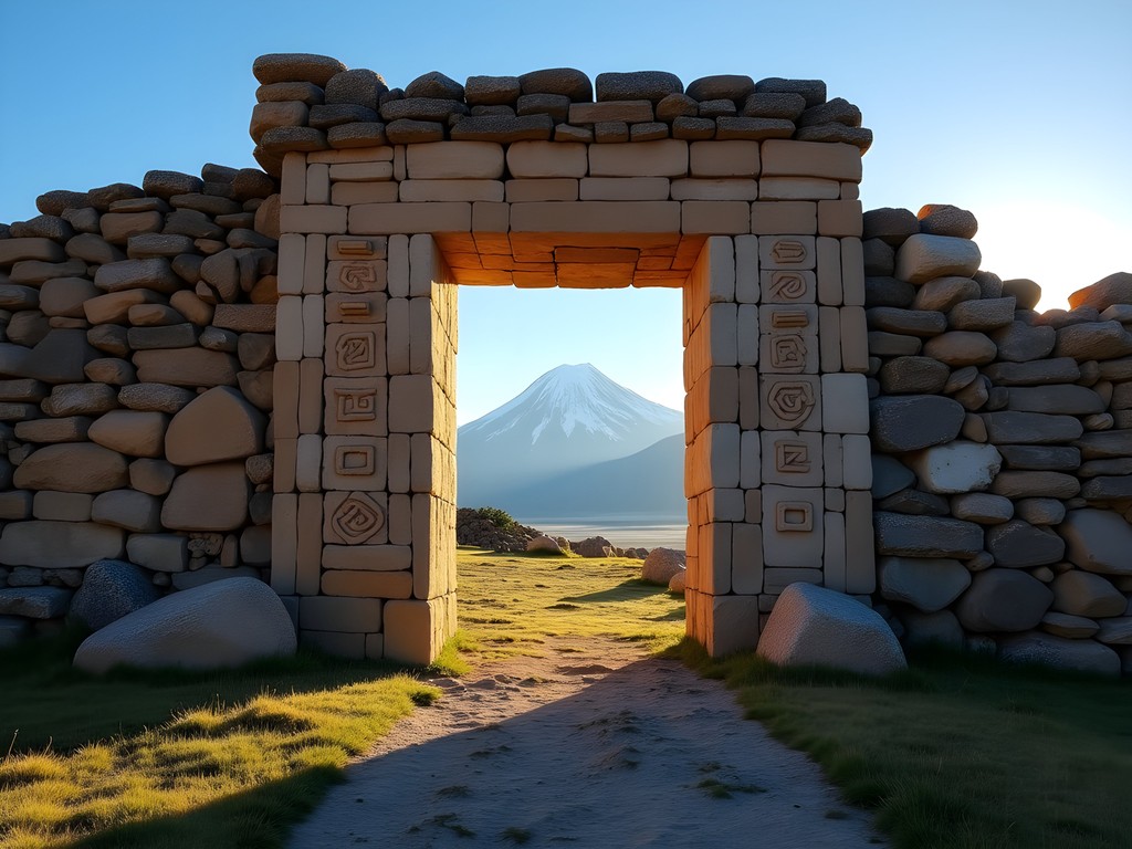 Ancient stone doorway at Incarracay framing distant Andean mountain peak