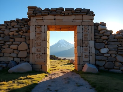 Ancient stone doorway at Incarracay framing distant Andean mountain peak