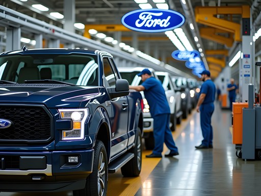 Modern Ford Rouge Factory assembly line with workers and robotic arms building F-150 trucks