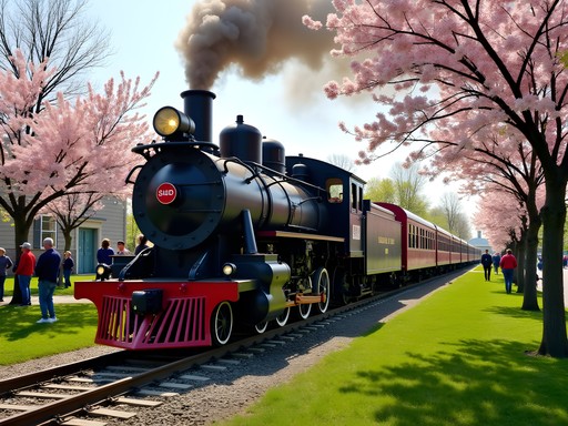 Historic steam train traveling through Greenfield Village in spring with blossoming trees