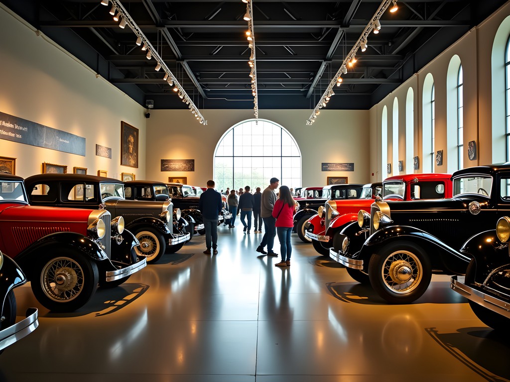 Expansive main hall of Henry Ford Museum with vintage cars and industrial exhibits