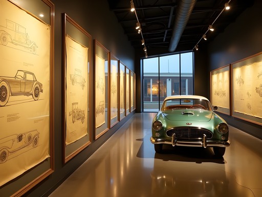 Original automotive design sketches displayed next to vintage car at Automotive Hall of Fame