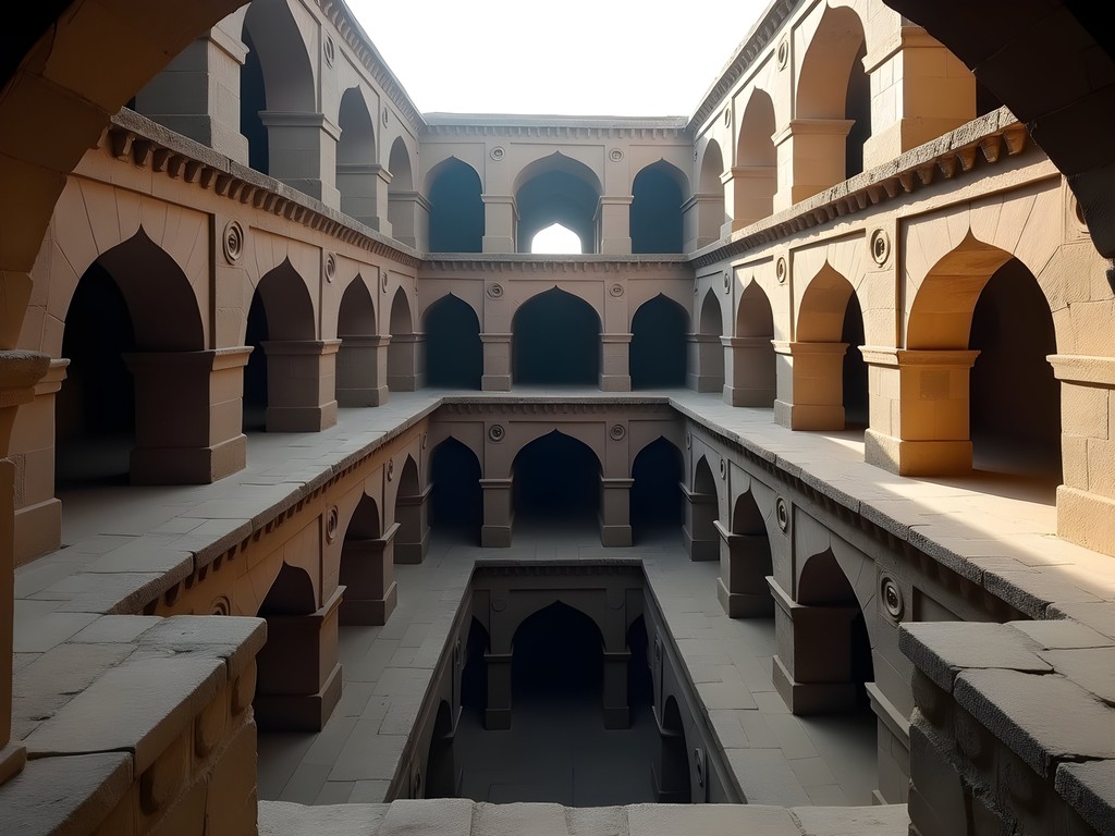 Ancient stepwell Agrasen ki Baoli in morning light showing architectural details and water conservation system