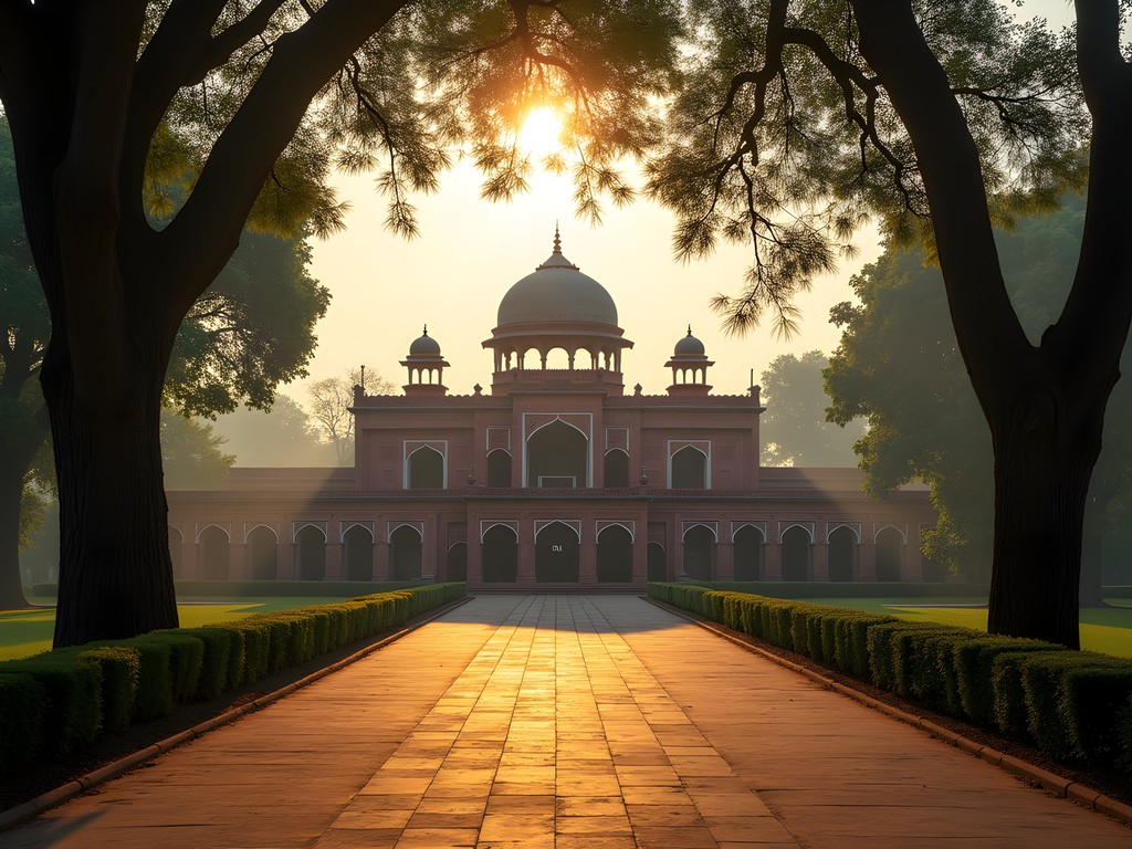 Colonial-era architecture in Delhi illuminated by early morning light with native and introduced tree species visible