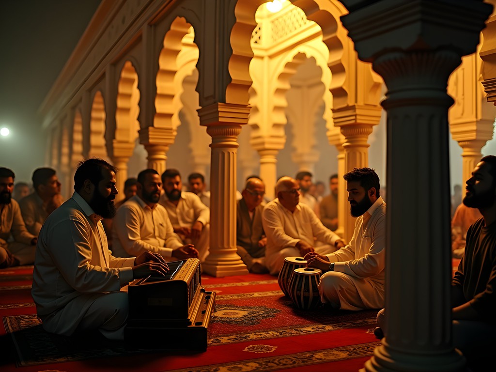 Evening qawwali performance at Nizamuddin Dargah with musicians and devotees