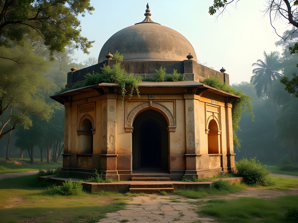 Secluded medieval tomb in South Delhi with native plants growing around ancient stonework