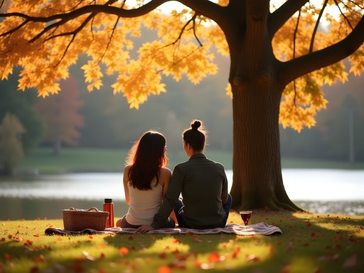 Couple enjoying autumn picnic at MacGregor Park in Derry New Hampshire with colorful foliage