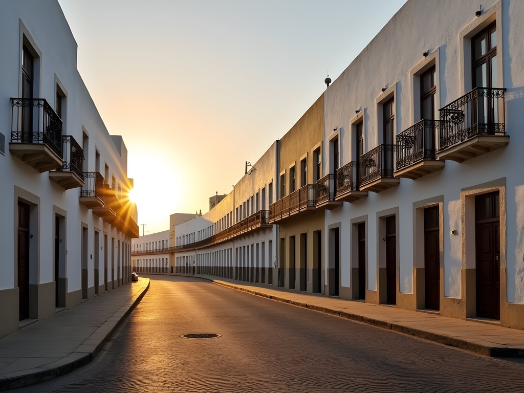 Historic colonial buildings in Djibouti City's European Quarter at sunset