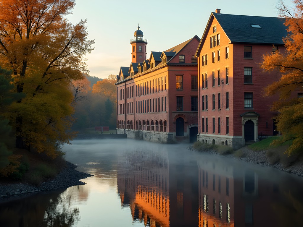 Historic Cochecho Mills brick facades with fall foliage reflection in river