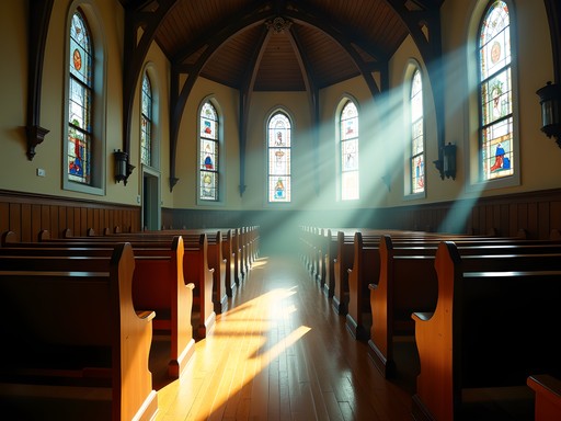 Sunlight streaming through stained glass windows in First Parish Church Dover