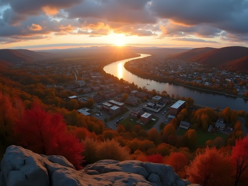 Panoramic sunset view of Dover from Garrison Hill Tower with autumn foliage