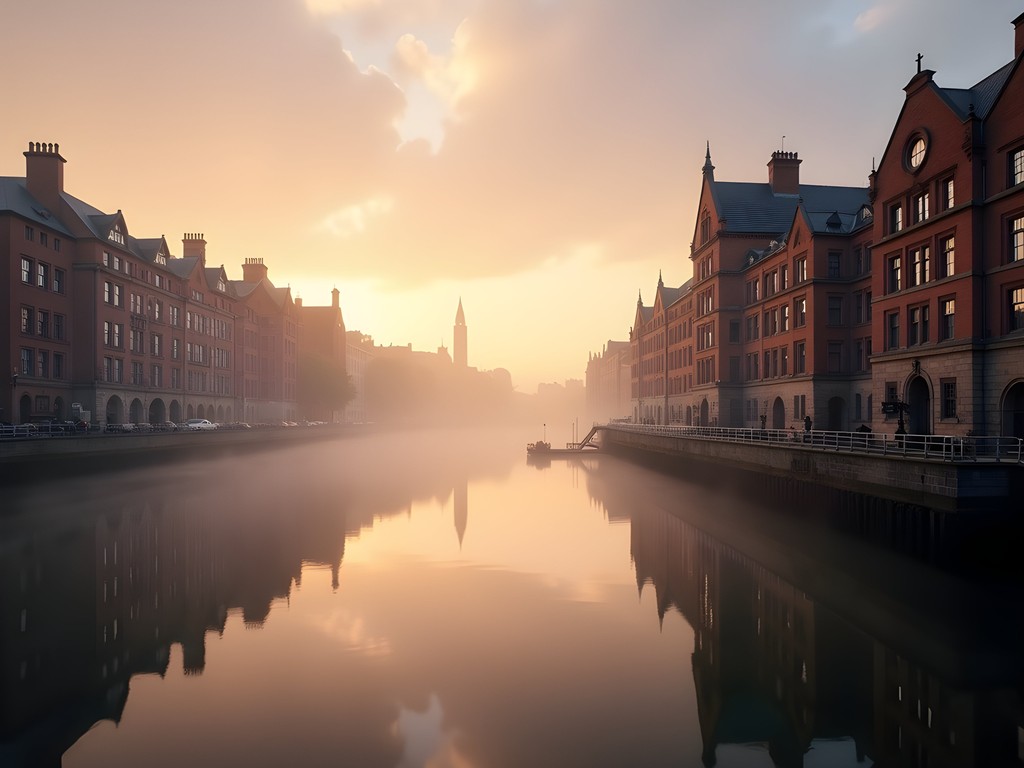 Early morning mist over Custom House Quay in Dublin with historic architecture reflected in the River Liffey