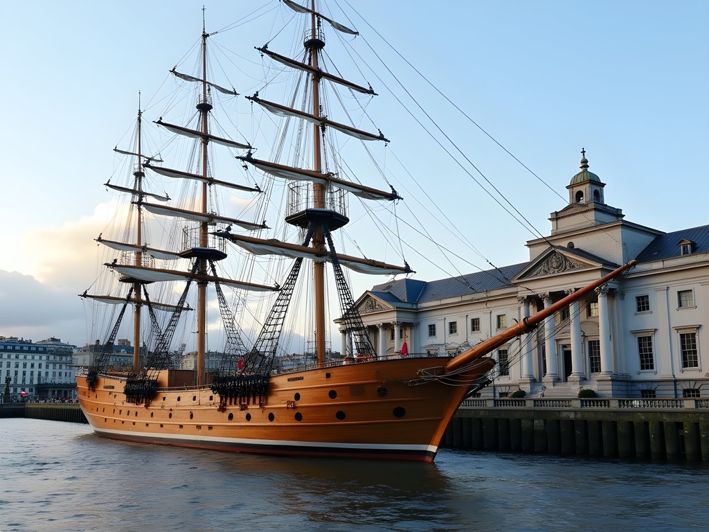 The Jeanie Johnston tall ship replica moored on River Liffey with Custom House in background