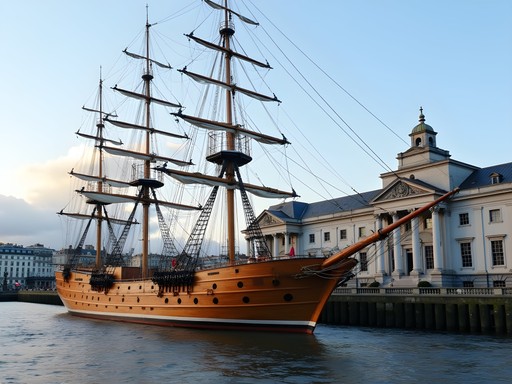 The Jeanie Johnston tall ship replica moored on River Liffey with Custom House in background