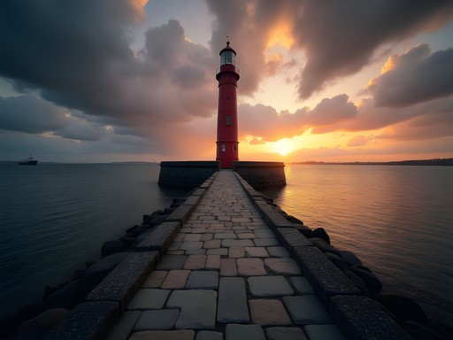 Sunset view of the red Poolbeg Lighthouse at the end of Dublin's Great South Wall with dramatic sky
